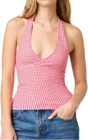 Y2k V Neck Halter Tops for Women Cute Plaid Print Open Back Tie Up Crop Tank Top Summer Fairy Vintage Sexy Camisole