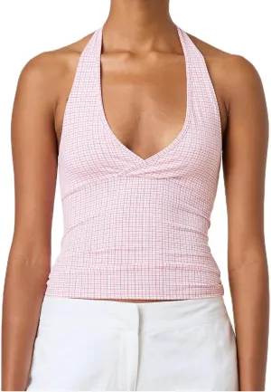 Y2k V Neck Halter Tops for Women Cute Plaid Print Open Back Tie Up Crop Tank Top Summer Fairy Vintage Sexy Camisole