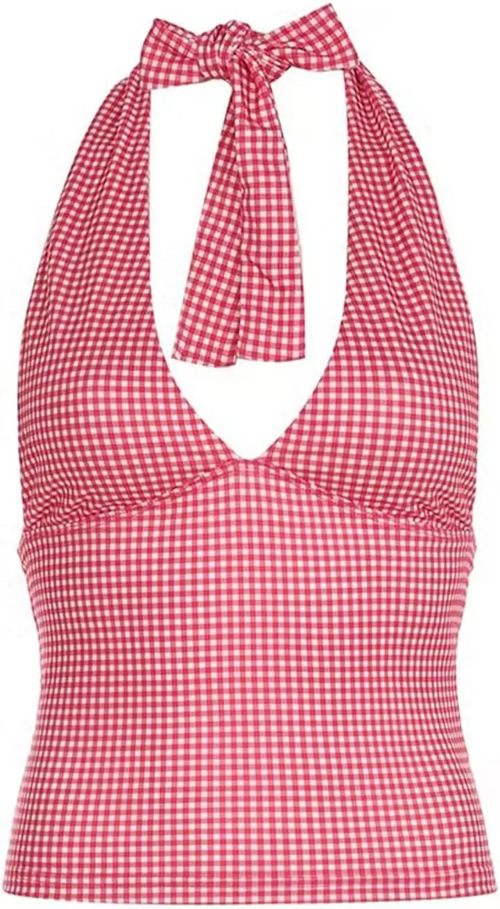 Y2k V Neck Halter Tops for Women Cute Plaid Print Open Back Tie Up Crop Tank Top Summer Fairy Vintage Sexy Camisole
