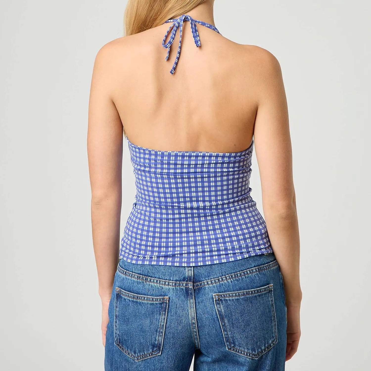 Y2k V Neck Halter Tops for Women Cute Plaid Print Open Back Tie Up Crop Tank Top Summer Fairy Vintage Sexy Camisole