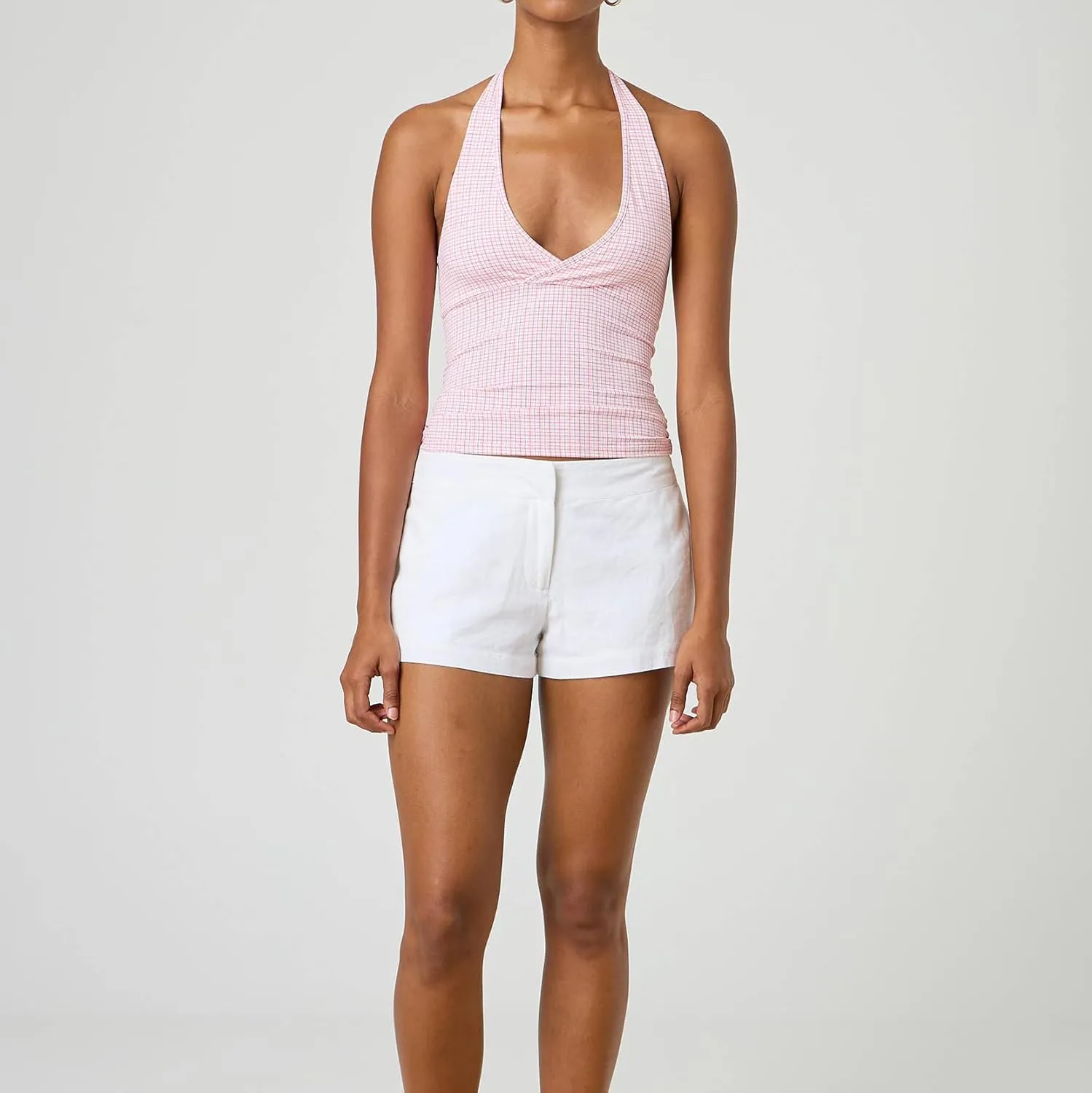 Y2k V Neck Halter Tops for Women Cute Plaid Print Open Back Tie Up Crop Tank Top Summer Fairy Vintage Sexy Camisole