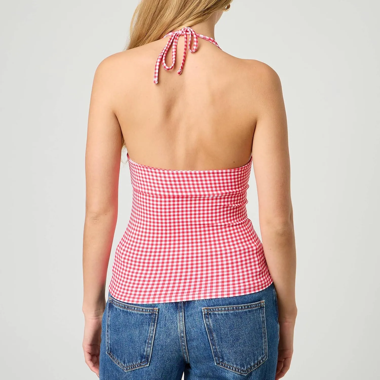 Y2k V Neck Halter Tops for Women Cute Plaid Print Open Back Tie Up Crop Tank Top Summer Fairy Vintage Sexy Camisole