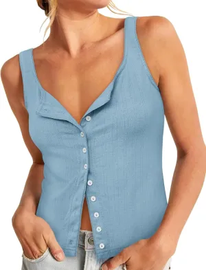 Yousify Womens Fitted Tank Tops Cami Trendy Knit Cropped Knitted Vest Button Down Square Neck Ribbed Strappy Henley Shirt Blue