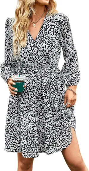 YOXUA Womens Casual Dress, Long Sleeve Wrap V Neck Floral Printed Ruffle A-Line Hem Mini Dress with Belt