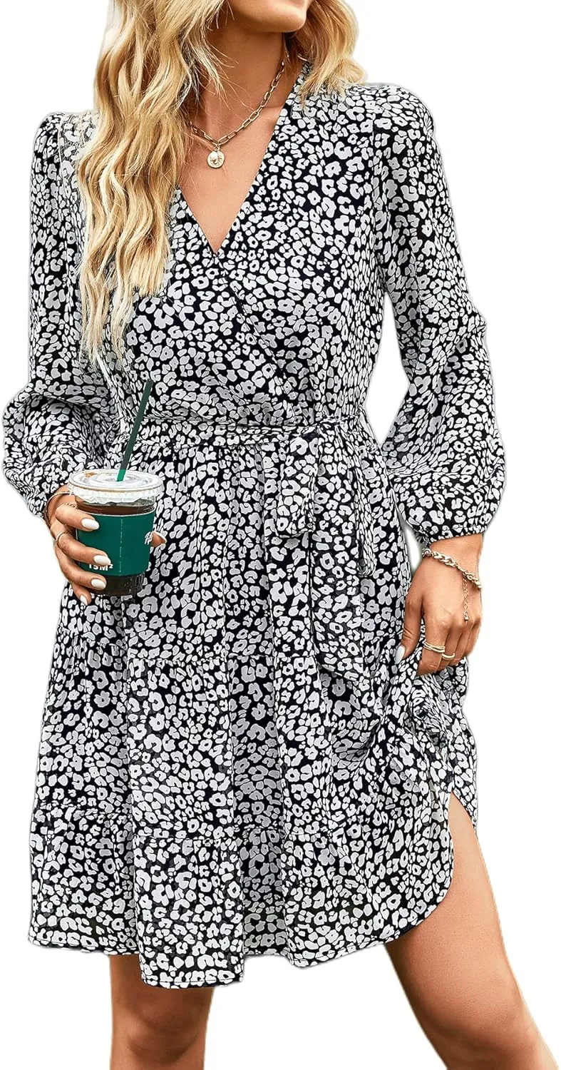 YOXUA Womens Casual Dress, Long Sleeve Wrap V Neck Floral Printed Ruffle A-Line Hem Mini Dress with Belt