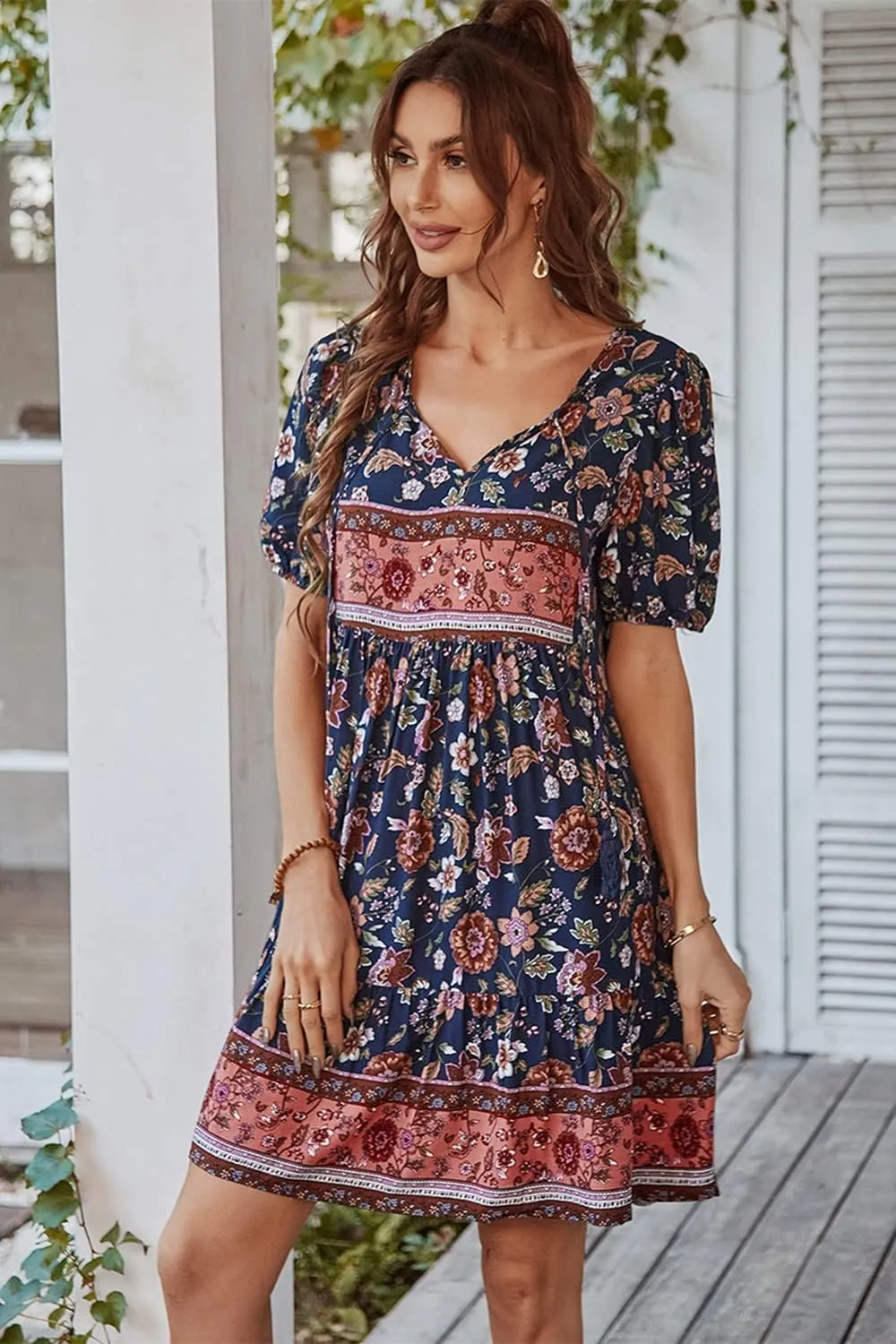 YOXUA Women's Short Sleeve Boho Floral Print Mini Dress Loose Swing V Neck Ruffle Sundress