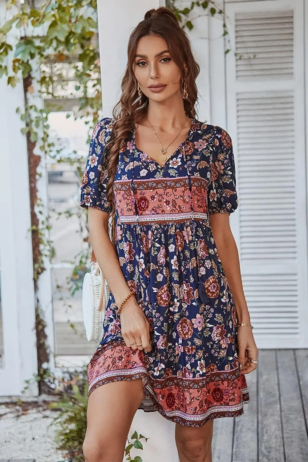 YOXUA Women's Short Sleeve Boho Floral Print Mini Dress Loose Swing V Neck Ruffle Sundress