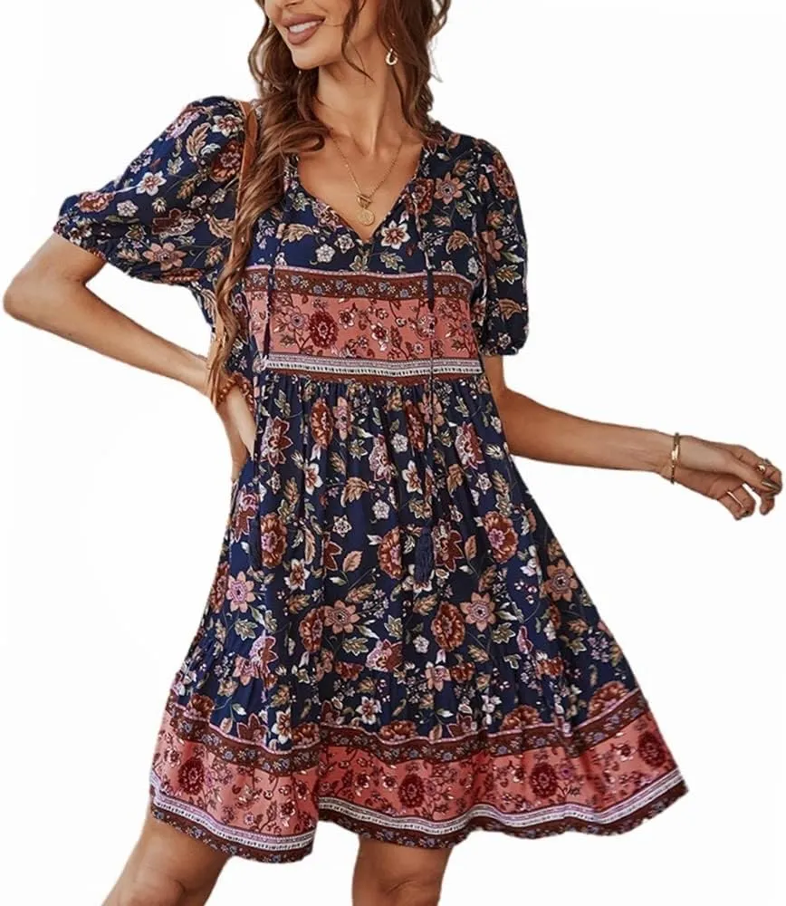 YOXUA Women's Short Sleeve Boho Floral Print Mini Dress Loose Swing V Neck Ruffle Sundress