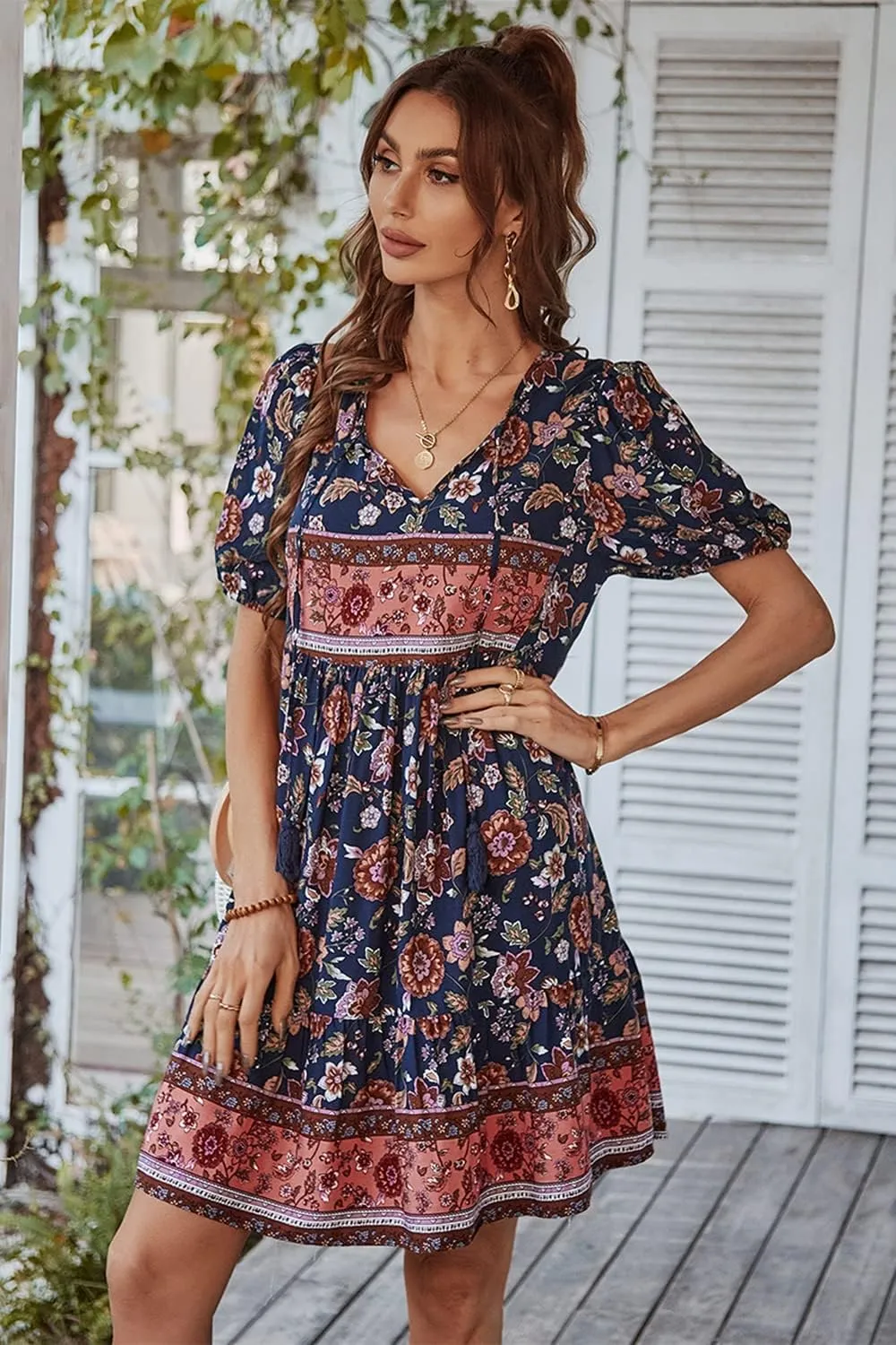 YOXUA Women's Short Sleeve Boho Floral Print Mini Dress Loose Swing V Neck Ruffle Sundress