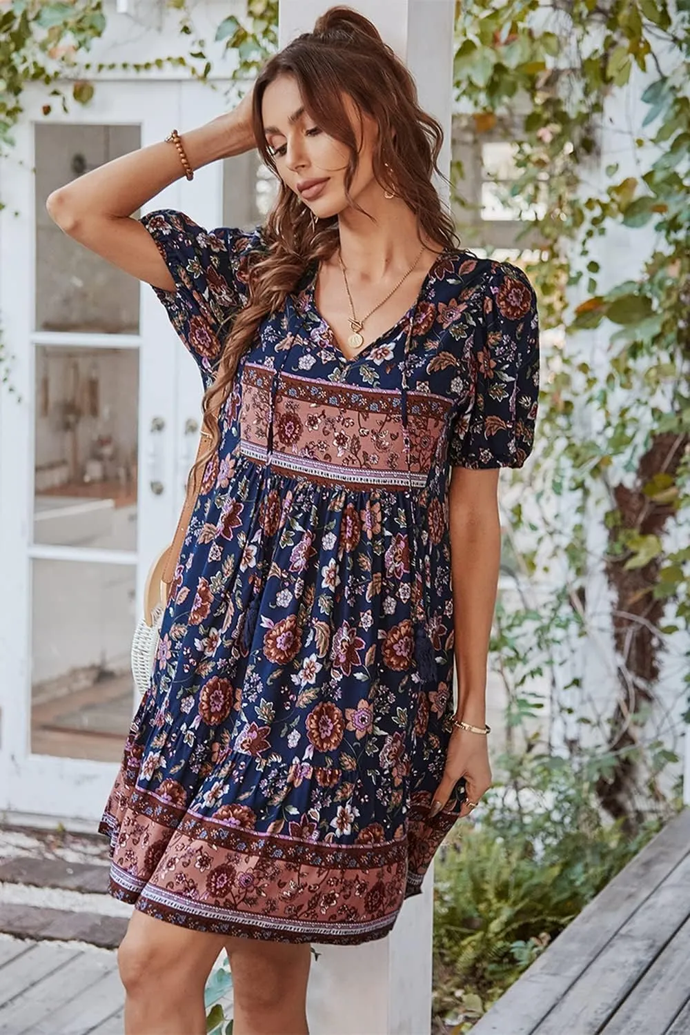 YOXUA Women's Short Sleeve Boho Floral Print Mini Dress Loose Swing V Neck Ruffle Sundress