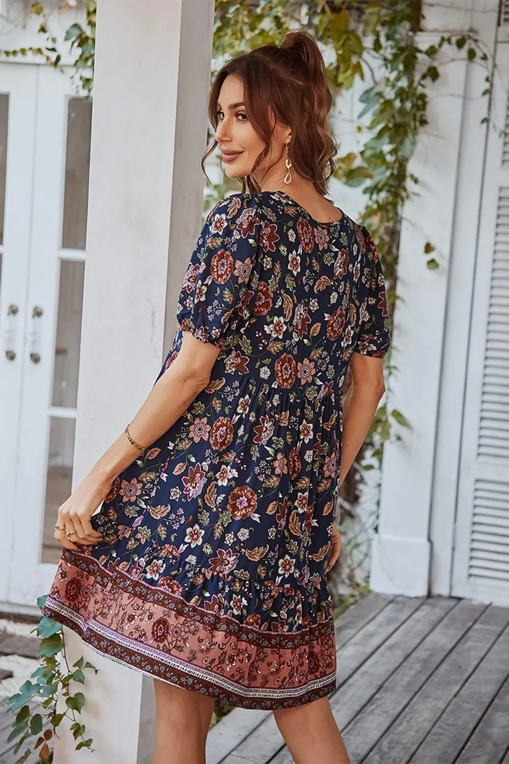 YOXUA Women's Short Sleeve Boho Floral Print Mini Dress Loose Swing V Neck Ruffle Sundress