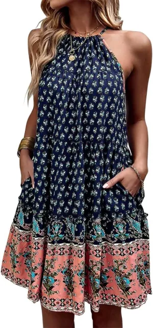 YOXUA Women's Summer Boho Halter Neck Mini Dress, Sleeveless Floral Printed Swing Tunic Tank Beach Ruffle Sundress