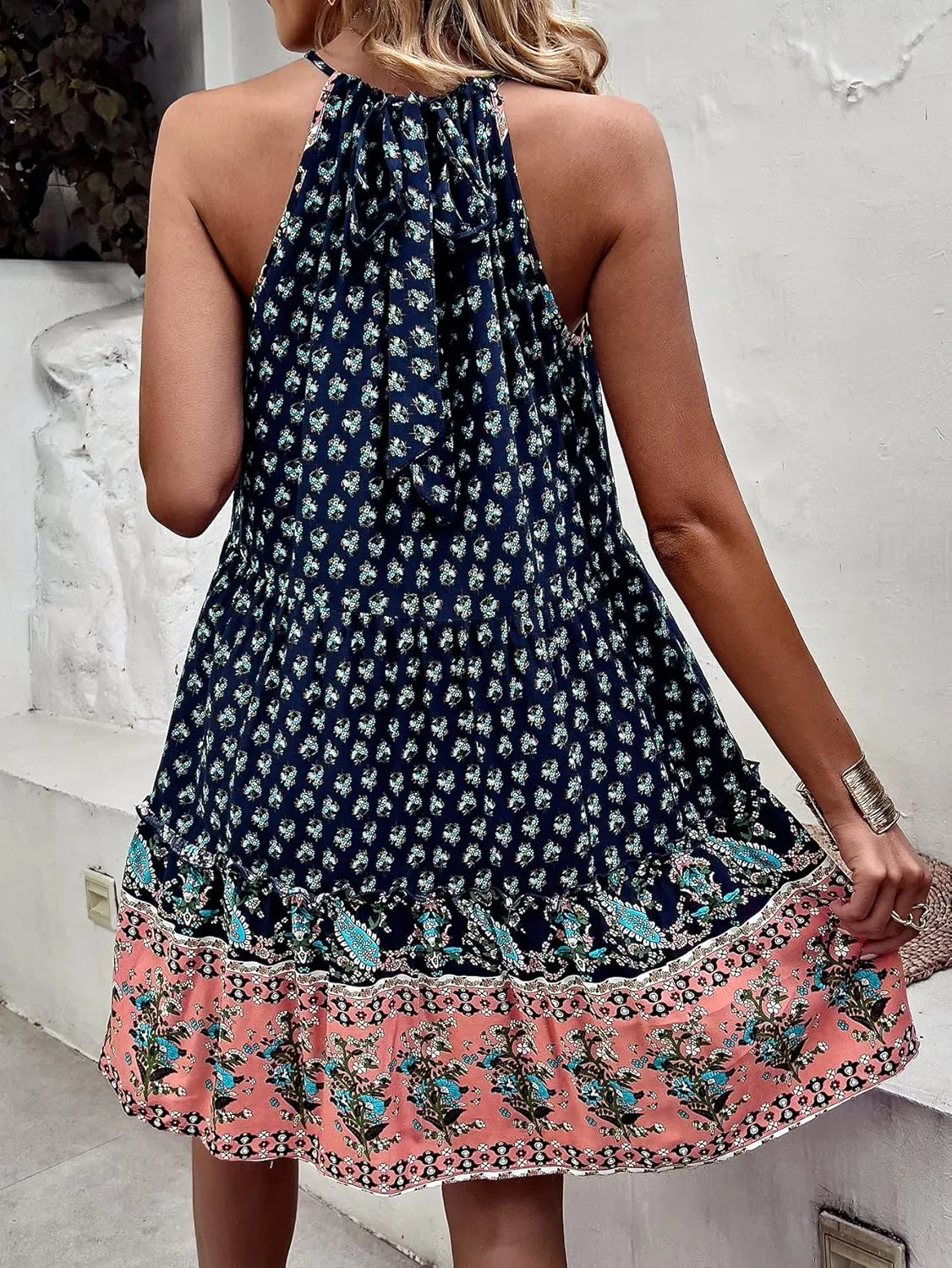 YOXUA Women's Summer Boho Halter Neck Mini Dress, Sleeveless Floral Printed Swing Tunic Tank Beach Ruffle Sundress