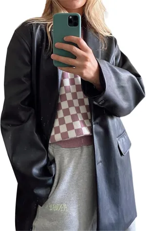 Yuemengxuan Women Faux Leather Blazer Vintage Lapel Boyfriend PU Jacket Long Sleeve Button Down Trench Coat Streetwear