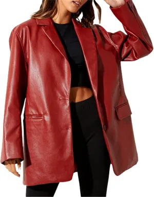 Yuemengxuan Women Faux Leather Blazer Vintage Lapel Boyfriend PU Jacket Long Sleeve Button Down Trench Coat Streetwear