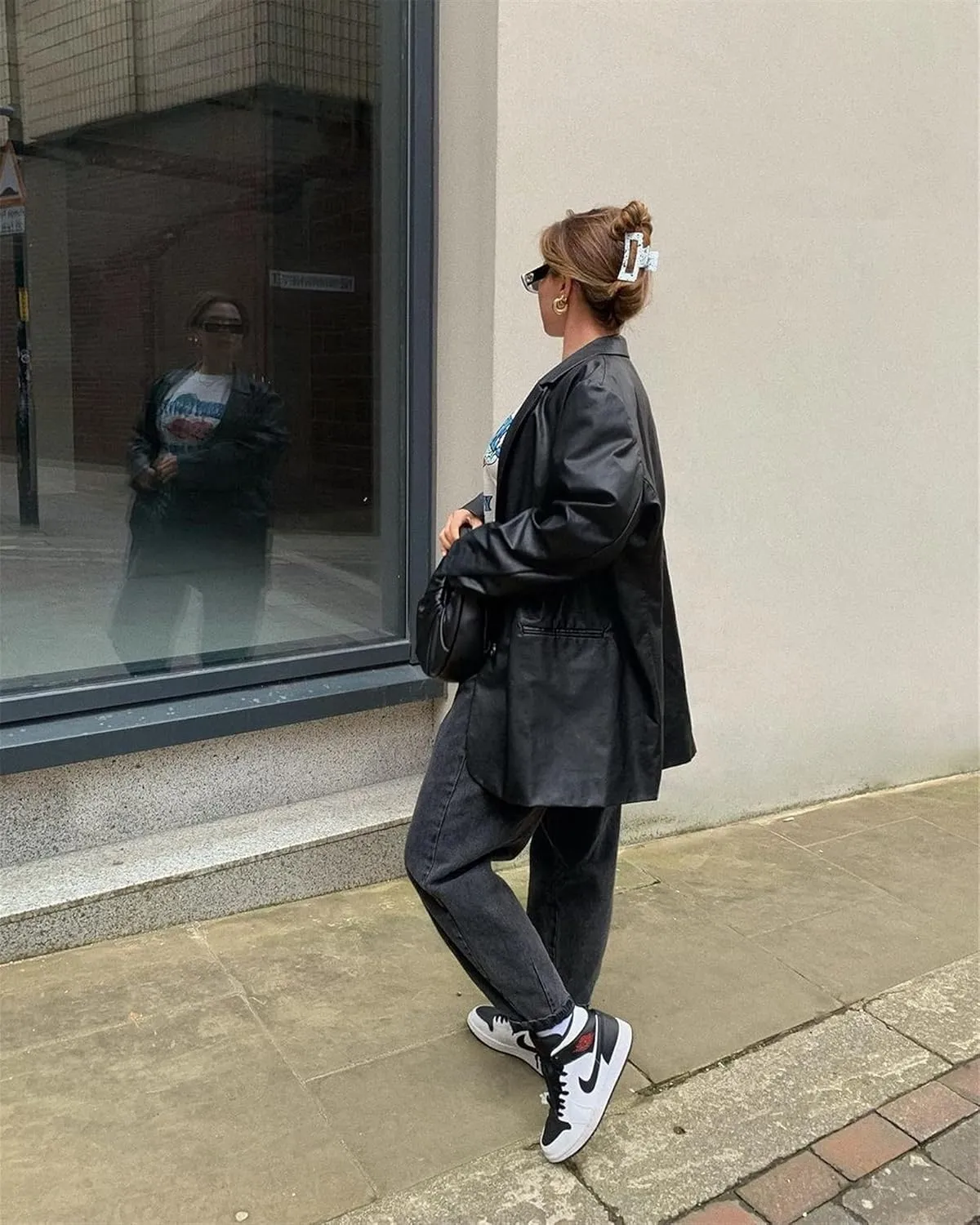 Yuemengxuan Women Faux Leather Blazer Vintage Lapel Boyfriend PU Jacket Long Sleeve Button Down Trench Coat Streetwear