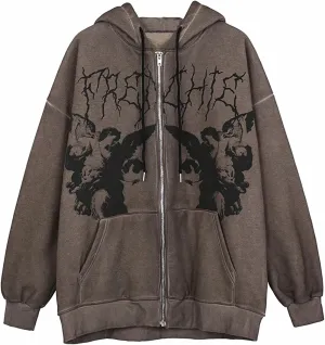 Yuemengxuan Women Man Goth Hoodie Sweatshirts Y2k Aesthetic Zip Up Jacket 90s Long Sleeve Graphic Coat Couple Top Streetwear