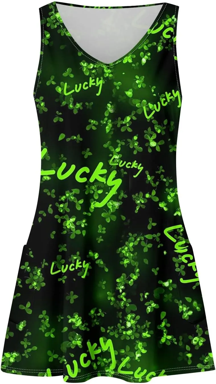 YUTANRAL Summer Dresses for Women 2025 Trendy St Patricks Day Shamrock Print Sleeveless Tank Sundersses with Pockets
