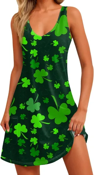 YUTANRAL Summer Dresses for Women 2025 Trendy St Patricks Day Shamrock Print Sleeveless Tank Sundersses with Pockets