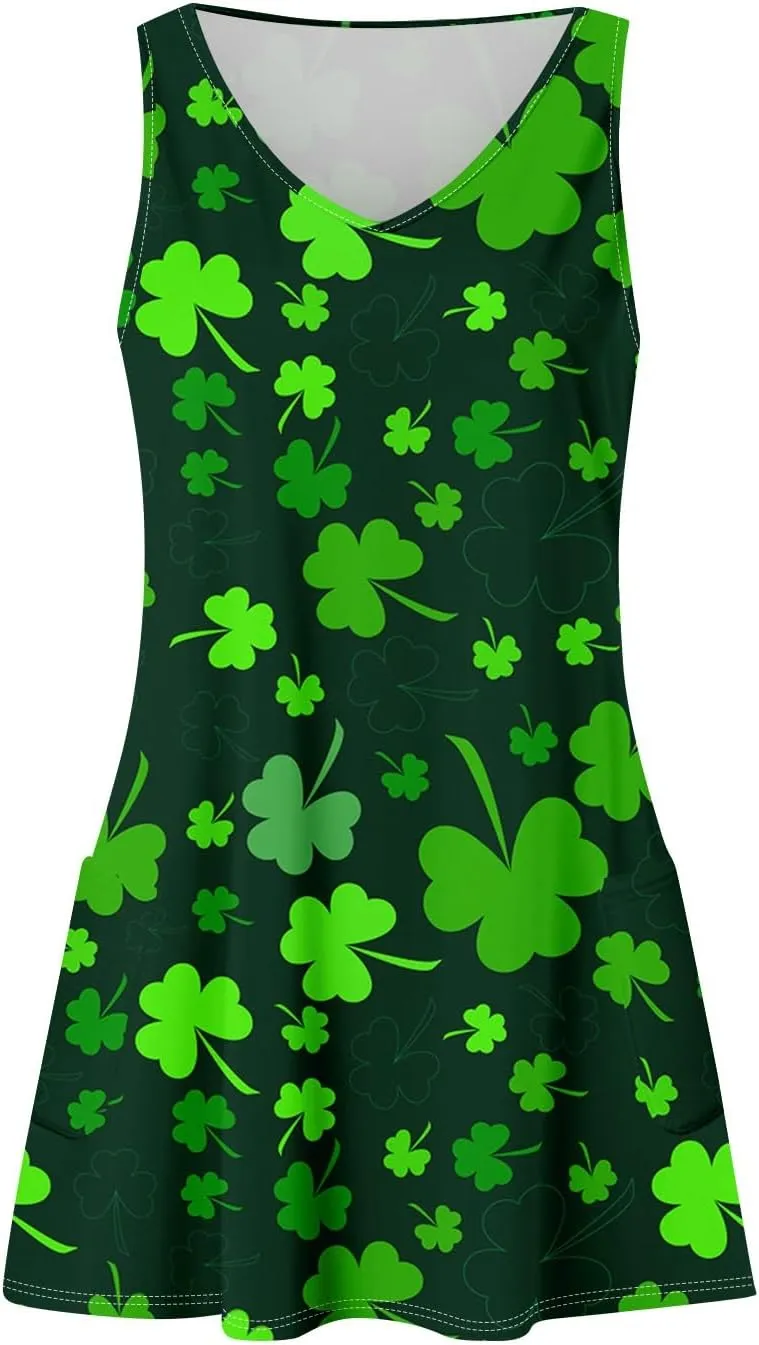 YUTANRAL Summer Dresses for Women 2025 Trendy St Patricks Day Shamrock Print Sleeveless Tank Sundersses with Pockets