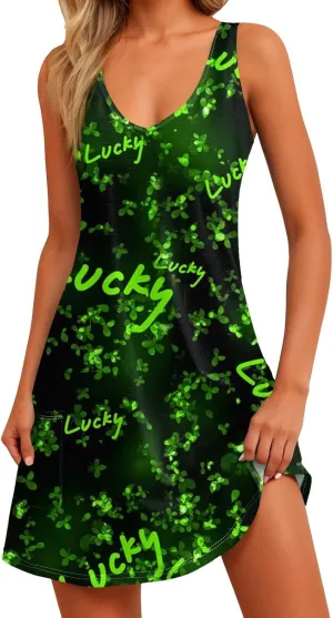YUTANRAL Summer Dresses for Women 2025 Trendy St Patricks Day Shamrock Print Sleeveless Tank Sundersses with Pockets