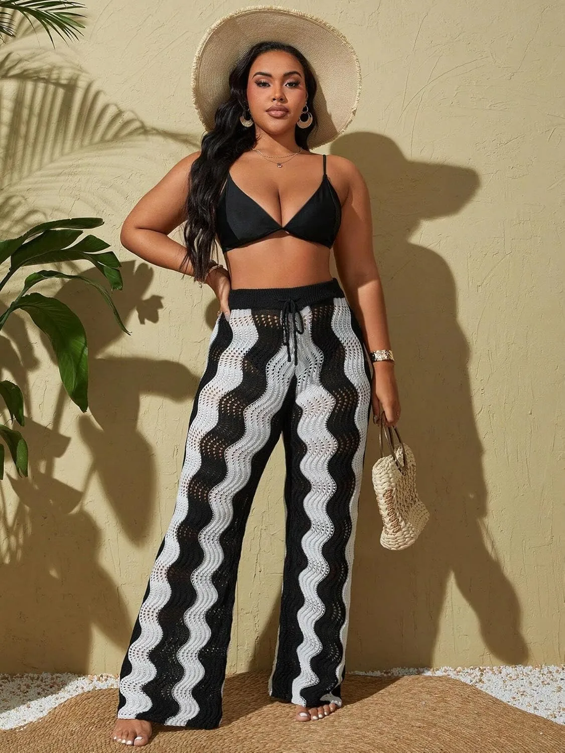 ZAFUL Women's Beach Cover Up Pants Hollow Out Plus Size Drawstring Elastic High Waist Swimsuit Cover Up Beach Long Pants