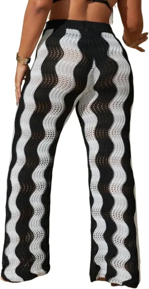 ZAFUL Women's Beach Cover Up Pants Hollow Out Plus Size Drawstring Elastic High Waist Swimsuit Cover Up Beach Long Pants
