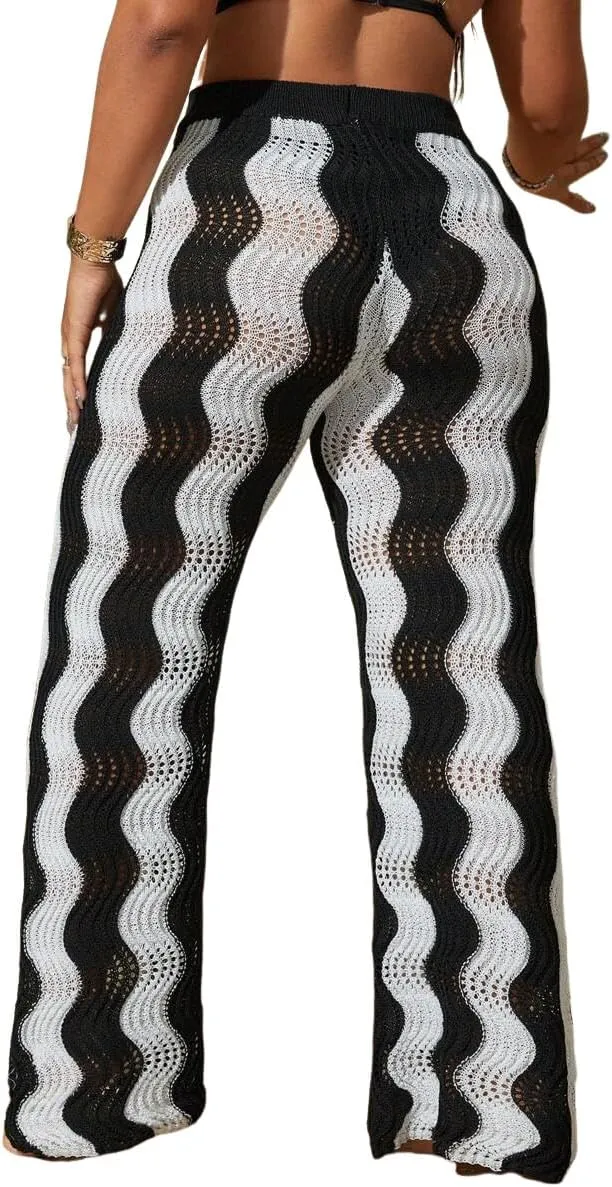 ZAFUL Women's Beach Cover Up Pants Hollow Out Plus Size Drawstring Elastic High Waist Swimsuit Cover Up Beach Long Pants