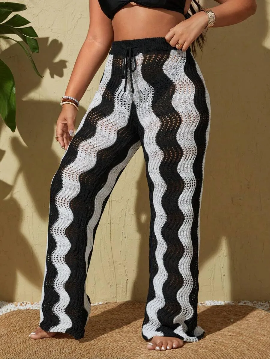 ZAFUL Women's Beach Cover Up Pants Hollow Out Plus Size Drawstring Elastic High Waist Swimsuit Cover Up Beach Long Pants