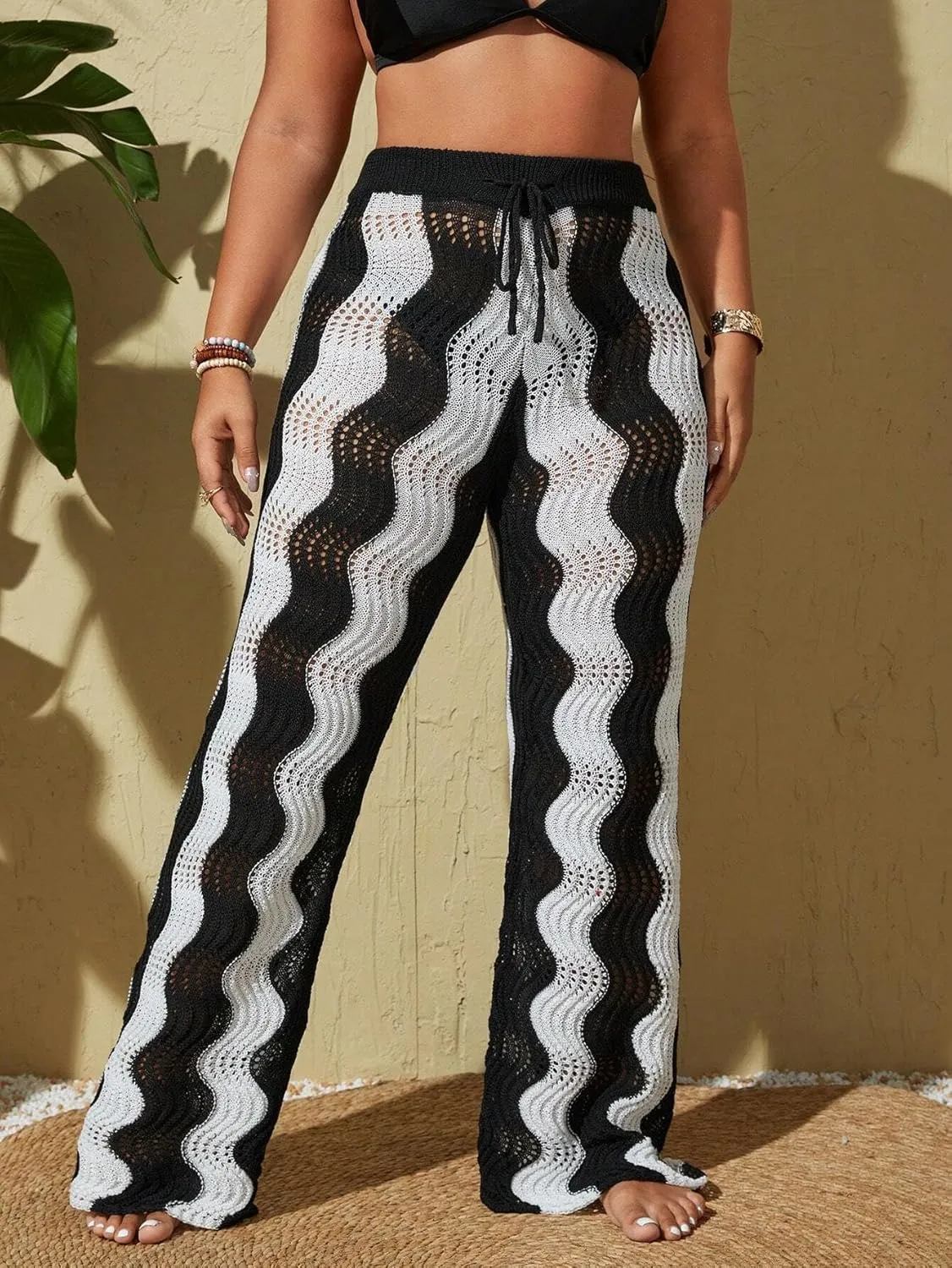 ZAFUL Women's Beach Cover Up Pants Hollow Out Plus Size Drawstring Elastic High Waist Swimsuit Cover Up Beach Long Pants