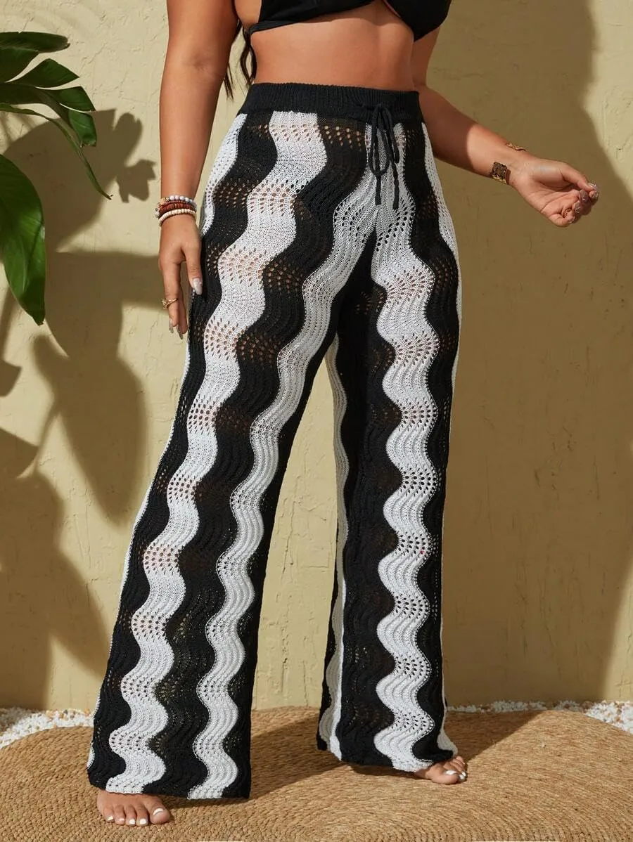ZAFUL Women's Beach Cover Up Pants Hollow Out Plus Size Drawstring Elastic High Waist Swimsuit Cover Up Beach Long Pants