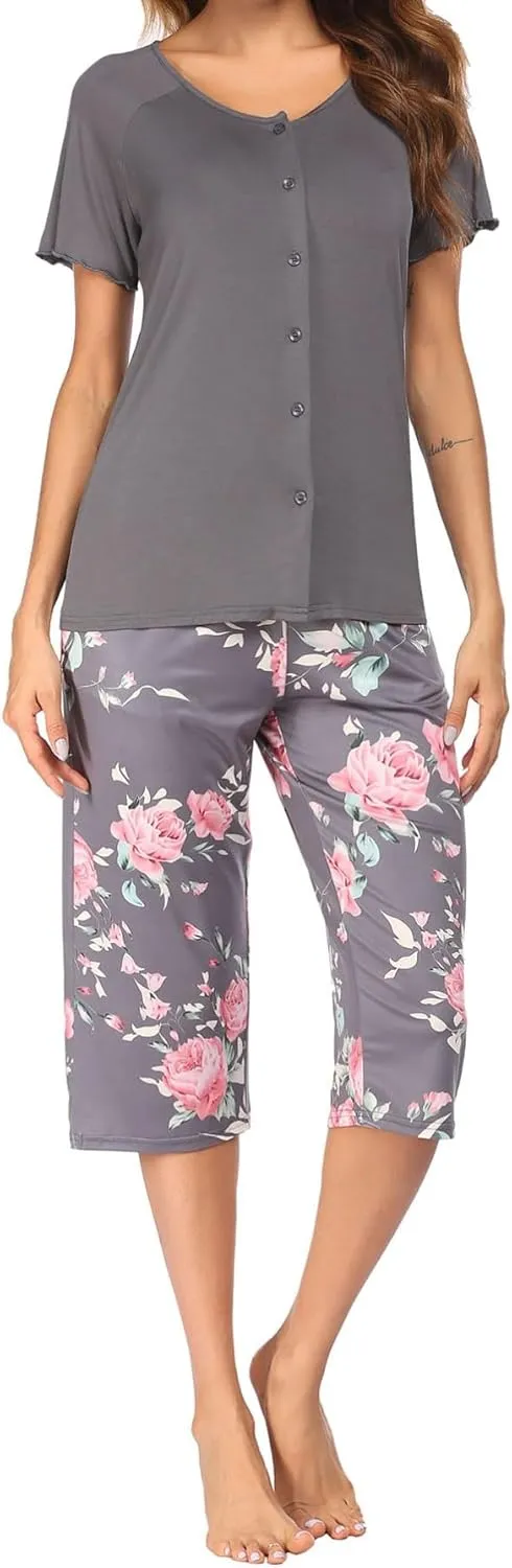 ZAFUL Women's loungewear two-piece set of man cotton print short sleeve cropped pants pajama set