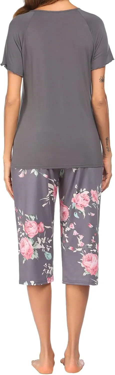ZAFUL Women's loungewear two-piece set of man cotton print short sleeve cropped pants pajama set