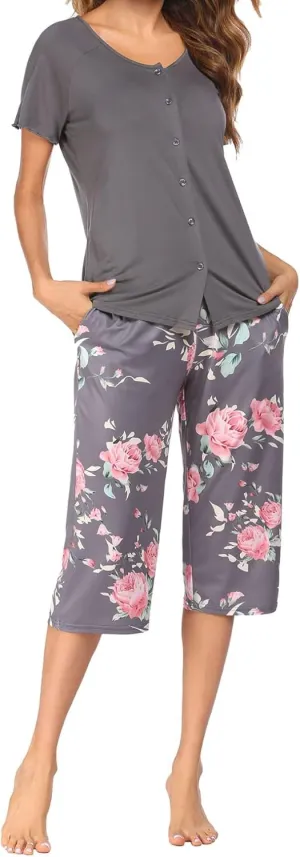 ZAFUL Women's loungewear two-piece set of man cotton print short sleeve cropped pants pajama set