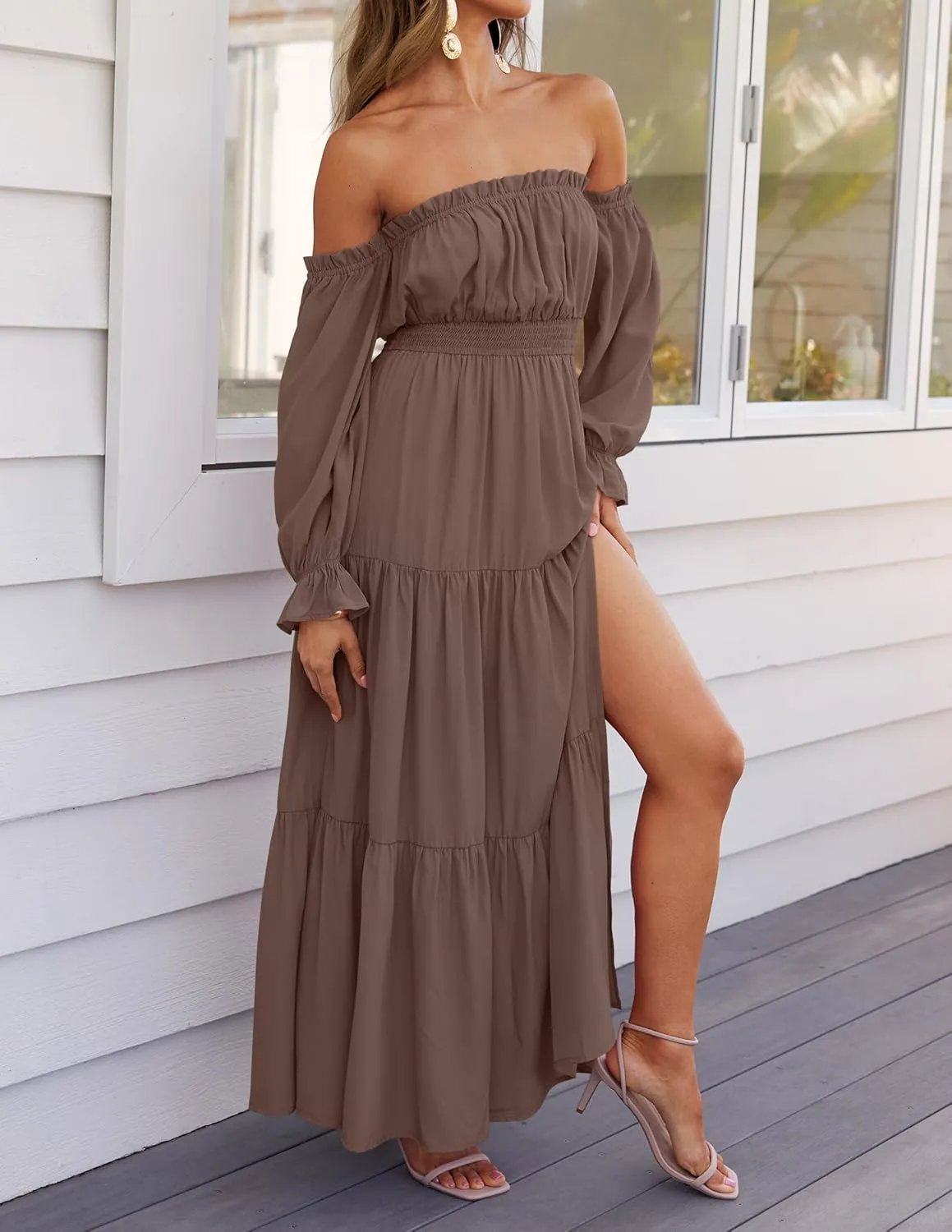 ZESICA Women's 2025 Boho Sexy Off Shoulder Long Sleeve Smocked High Waist Side Split Flowy A Line Tiered Long Maxi Dress