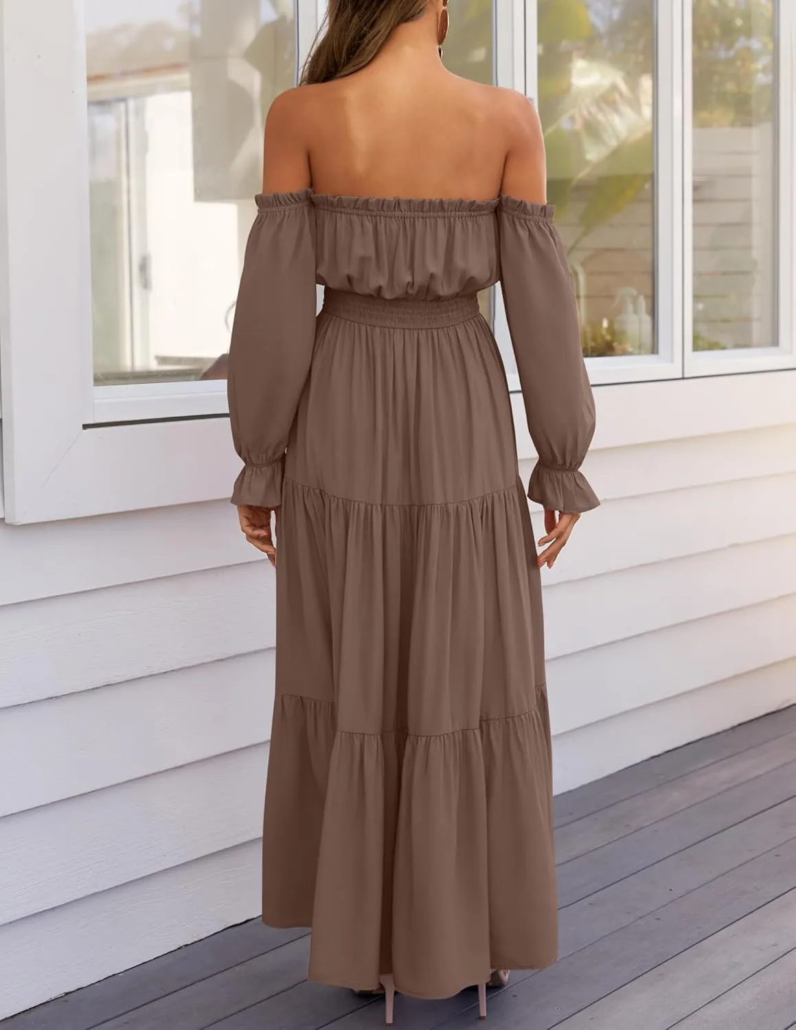 ZESICA Women's 2025 Boho Sexy Off Shoulder Long Sleeve Smocked High Waist Side Split Flowy A Line Tiered Long Maxi Dress