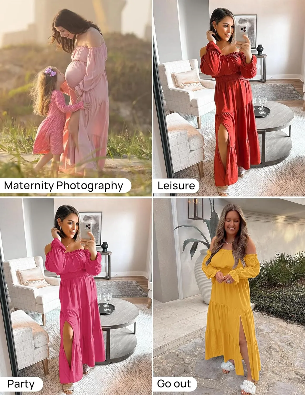 ZESICA Women's 2025 Boho Sexy Off Shoulder Long Sleeve Smocked High Waist Side Split Flowy A Line Tiered Long Maxi Dress