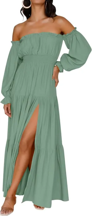ZESICA Women's 2025 Boho Sexy Off Shoulder Long Sleeve Smocked High Waist Side Split Flowy A Line Tiered Long Maxi Dress