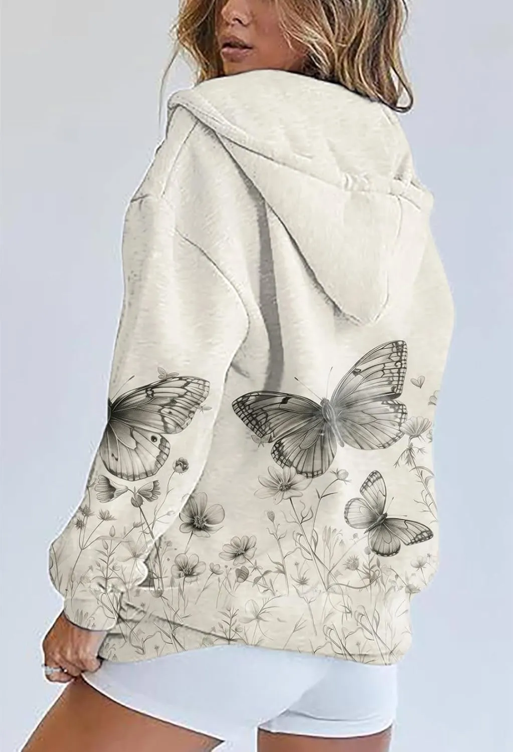 Zip Up Hoodie Women Butterfly Printed Oversized Hooded Sweatshirt Y2K Outwear Jacket Coat for Girls Fall Winter