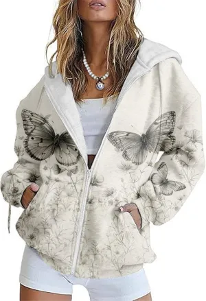Zip Up Hoodie Women Butterfly Printed Oversized Hooded Sweatshirt Y2K Outwear Jacket Coat for Girls Fall Winter
