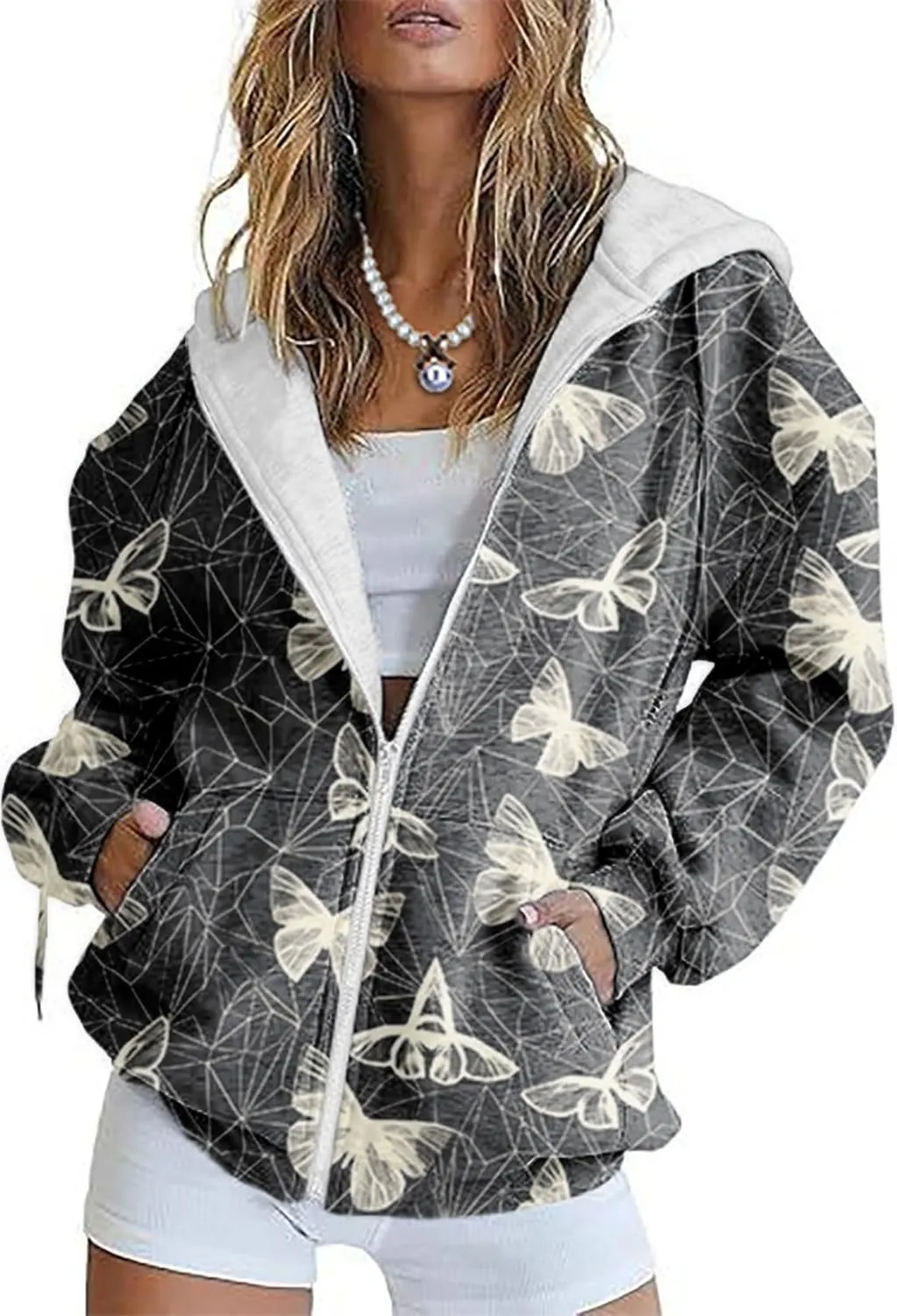 Zip Up Hoodie Women Butterfly Printed Oversized Hooded Sweatshirt Y2K Outwear Jacket Coat for Girls Fall Winter
