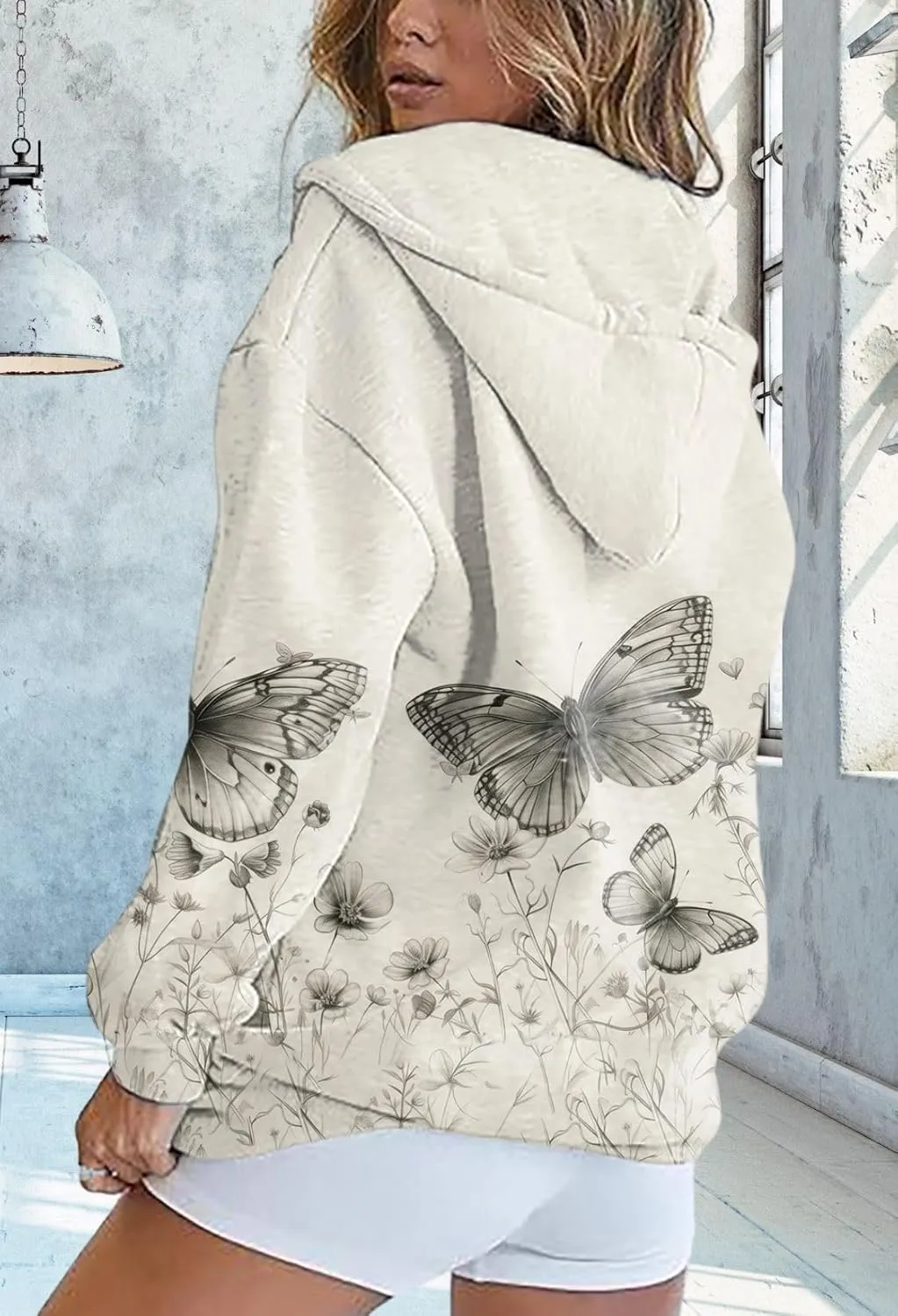 Zip Up Hoodie Women Butterfly Printed Oversized Hooded Sweatshirt Y2K Outwear Jacket Coat for Girls Fall Winter