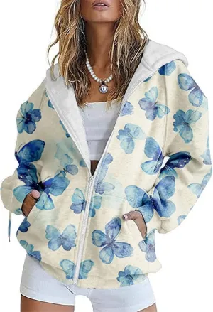 Zip Up Hoodie Women Butterfly Printed Oversized Hooded Sweatshirt Y2K Outwear Jacket Coat for Girls Fall Winter