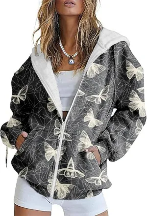 Zip Up Hoodie Women Butterfly Printed Oversized Hooded Sweatshirt Y2K Outwear Jacket Coat for Girls Fall Winter