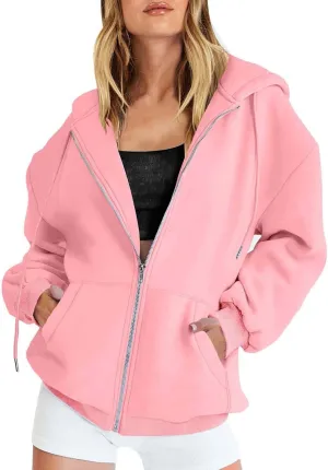 Zip Up Hoodie Women Oversized Sweatshirt Fleece Jackets Long Sleeve Shirts Fall Fashion Preppy Outfits for Women