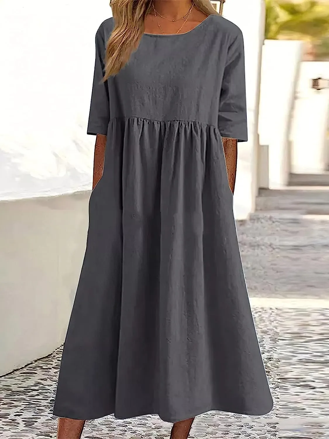 ZOCANIA Women's Half Sleeve Linen Maxi Dresses Casual Loose Plus Size Beach Dress for Women with Pockets
