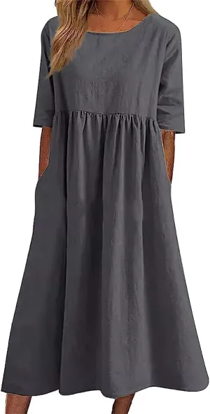 ZOCANIA Women's Half Sleeve Linen Maxi Dresses Casual Loose Plus Size Beach Dress for Women with Pockets