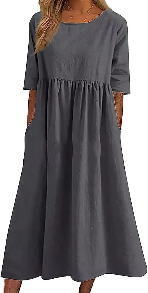 ZOCANIA Women's Half Sleeve Linen Maxi Dresses Casual Loose Plus Size Beach Dress for Women with Pockets